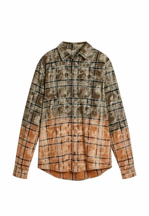 Long-sleeve plaid shirt in brown and orange tones, featuring a button-up front and a curved hem. Made from soft fabric with a textured finish.