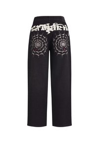 Black wide-leg jeans with white gothic text at waistband and spiderweb embroidery on back pockets, each with a small red spider.