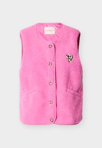 Ροζ γιλέκο από φλίς με κούμπωμα με κουμπιά, διαθέτει δύο μπροστινές τσέπες και καρδιά με λεοπάρ μοτίβο. Μαλακή εσωτερική επένδυση.