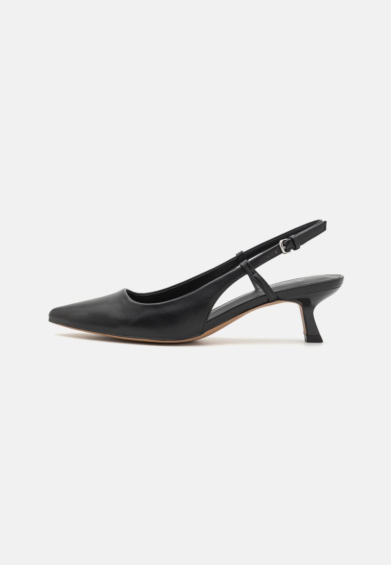 Black leather slingback shoe with a pointed toe, low block heel, cut-out side detail, and adjustable ankle strap. Smooth texture throughout.