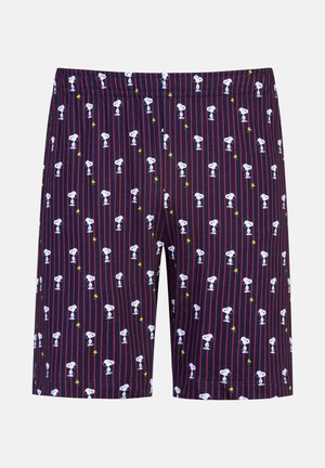 Marineblauwe shorts met rode verticale strepen, met een herhalend patroon van de cartoonfiguren Snoopy en Woodstock.