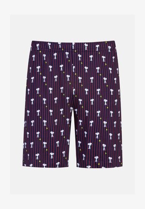 Marineblauwe shorts met rode verticale strepen, met een herhalend patroon van de cartoonfiguren Snoopy en Woodstock.