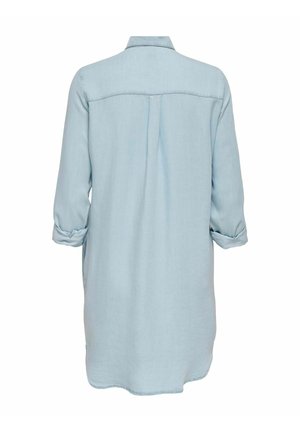 Light blue, long-sleeve shirt dress made of soft fabric, featuring a collar, back pleat, and rolled sleeves. Smooth texture and casual design.