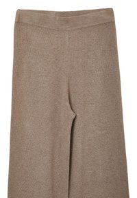Beige gestrickte Weitbeinhosen mit elastischem Bund, sichtbare Naht vorne und zentrale Schrittnaht.