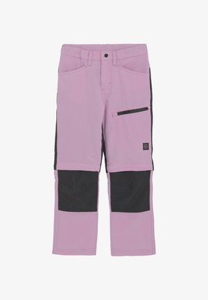 Lila Hosen mit schwarzen Akzenten, ausgestattet mit einer Reißverschlusstasche, zwei vorderen Taschen und verstärkten unteren Bereichen für erhöhte Haltbarkeit.