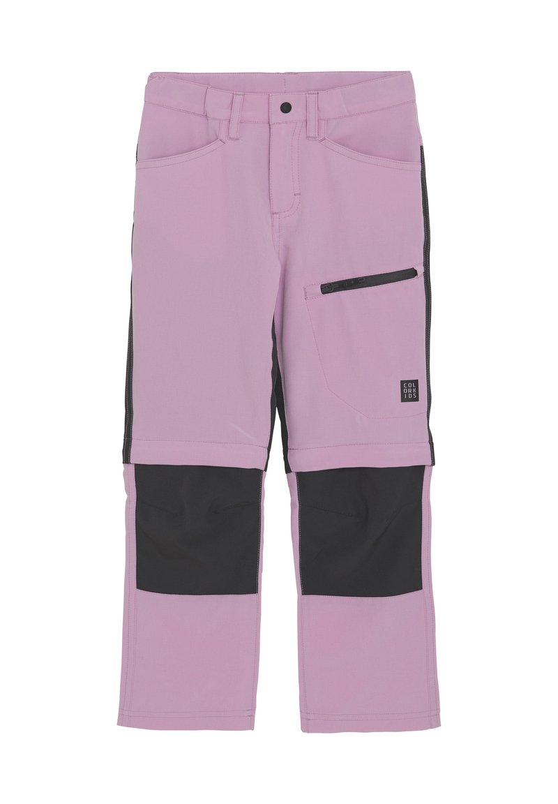 Lila byxor med svarta detaljer, som har en dragkedjeficka, två framfickor och förstärkta nederdelar för hållbarhet.