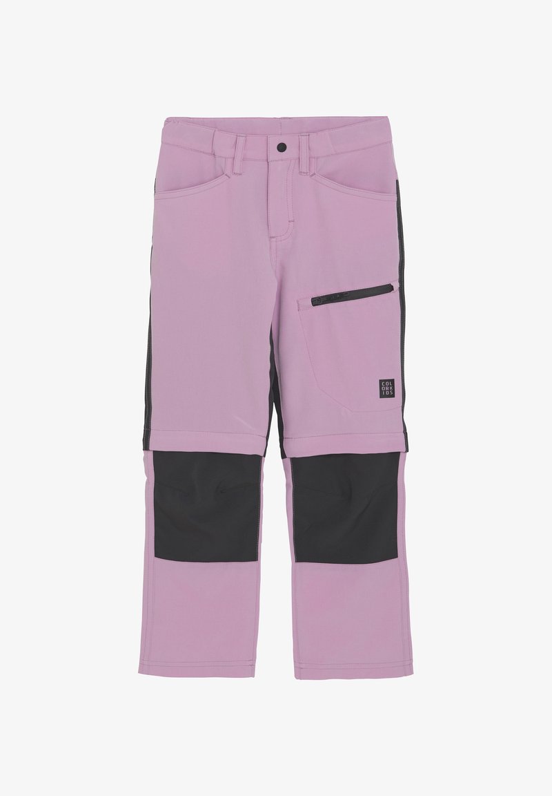 Pantalons violets avec des accents noirs, dotés d'une poche zippée, de deux poches avant et de sections inférieures renforcées pour plus de durabilité.