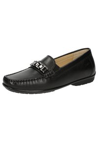 Schwarze Leder Slipper mit einem geflochtenen Design und einer Kettenverzierung auf der Vorderseite, mit abgerundetem Zehenbereich und flexibler Gummisohle.