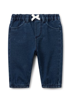 Tmavě modré džíny pro batolata s elastickým pasem a lemy, předními kapsami a malou bílou mašlí uprostřed pasu.