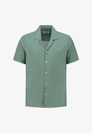 Mellénytelen, teal színű ing, geometrikus fehér mintával, galléros kivitelben, az elején öt gombbal.