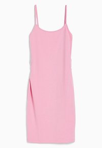 Roze mouwloze jurk gemaakt van zachte stof, met een aansluitend ontwerp met geplooide details aan één zijde en een split.