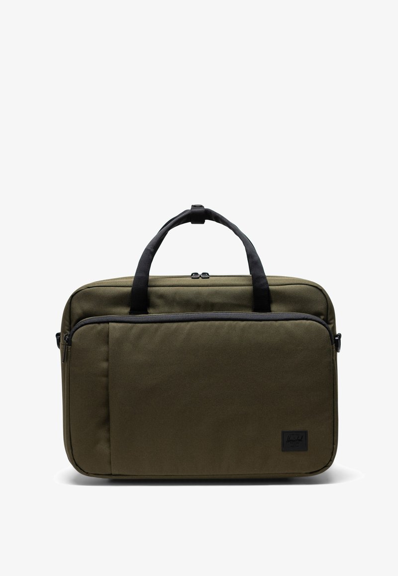 Borsa per laptop in tessuto verde oliva con doppio manico nero, scomparto principale con zip, tasca frontale e patch del logo nero. Texture liscia, design strutturato.