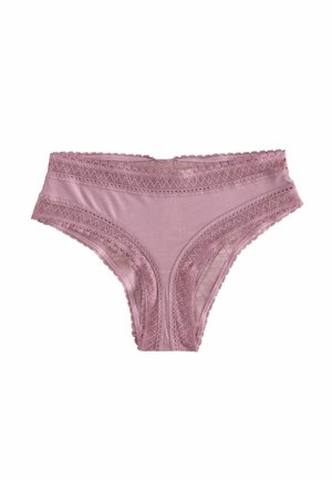 Lace-trimmed pink underwear with a smooth fabric, featuring decorative stitching along the edges and a high-waisted design.