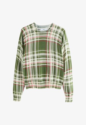 Zelený a krémový kostkovaný svetr s červenými detaily, kulatým výstřihem, dlouhými rukávy a žebrovanými manžetami. Vyrobeno z měkké pleteniny s uvolněným střihem.