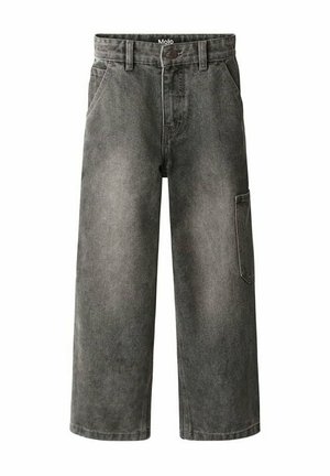 Pantaloni in denim nero sbiadito a gamba larga, con passanti per cintura, tasche frontali e laterali e chiusura con bottone in vita.