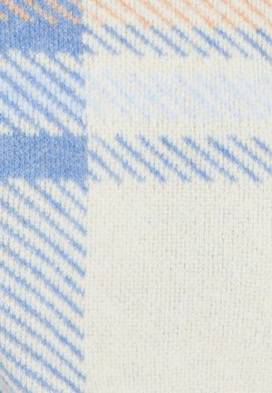 Lichtgewicht stof met een blauw en crèmekleurig ruitpatroon, met diagonale strepen en een gestructureerde weving voor extra diepte.