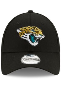 Cappellino regolabile nero con visiera curvata, che presenta sulla parte frontale un ricamo di testa di giaguaro nei colori giallo, nero e teal.