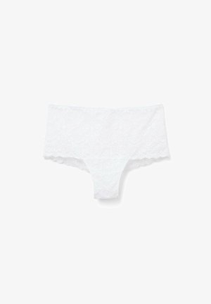 Weiße Spitzen-Boyshorts mit einem gewellten Saum, floralem Muster und einem glatten Bund. Besteht aus weichem, zartem Stoff für optimalen Komfort.