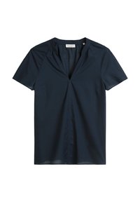 Navy blue short-sleeve blouse with a v-neckline, featuring subtle gathering at the shoulders and a smooth, lightweight texture.