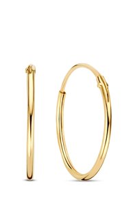 Goudkleurige creolen met een gladde, glanzende afwerking; voorzien van een veilige sluiting en een cirkelvormig ontwerp met slanke profielen.