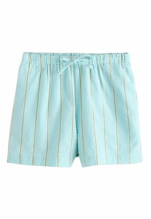 Világoskék, texturált rövidnadrág vékony, függőleges sárga csíkokkal és rugalmas derékrésszel, amely elején masnival megkötve.