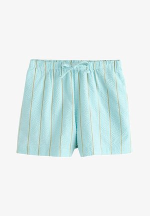 Jasnoniebieskie teksturowane szorty z cienkimi pionowymi żółtymi paskami i elastycznym pasem z przodu związanym kokardą.