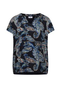 Blouse noire à manches courtes avec col en V et motif cachemire multicolore bleu et pêche, coupe ample, et étiquette de marque "Cecil" à l'intérieur du col.