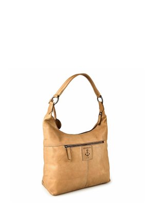 Bolso bandolera de cuero color tostado con un bolsillo frontal con cremallera y un parche con el logo de Harbour 2nd con un diseño de ancla.