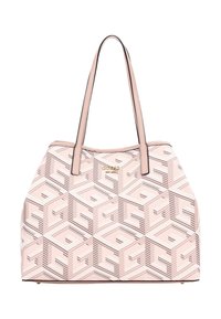 Pink tote bag with a geometric pattern, featuring dual handles, gold logo, and contrasting black detailing along the edges.