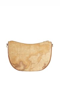 Borsa a spalla in pelle con design a mappa, caratterizzata da una forma curva e color cuoio, decorata con accenti in cuoio e dettagli geografici.