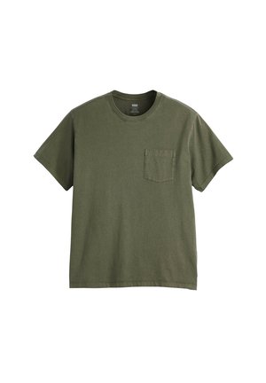Olive green short-sleeve crew neck t-shirt with a single chest pocket, displayed on a white background.