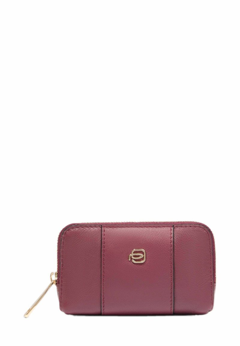 Maroon leather wallet with gold hardware, rectangular shape, subtle stitching details, and a zipper closure. Compact and sleek design.