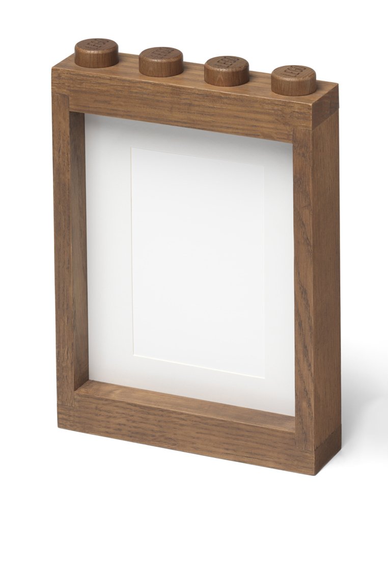 Holzbildrahmen in rechteckiger Form, mit einer Glaseinlage und vier runden, strukturierten Holzverzierungen oben.