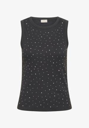 Ærmeløs sort top med ribbet tekstur, der har spredte sølvfarvede rhinsten som udsmykning og en rund halsudskæring.