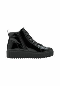 Baskets montantes en cuir verni noir avec une semelle en caoutchouc texturée, un système de laçage à l'avant et une fermeture éclair sur le côté pour un accès facile.