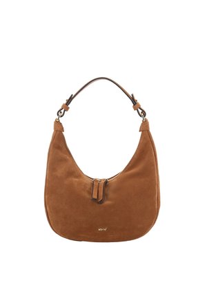 Bruine suède hobo-handtas met een enkele verstelbare riem, ritssluiting met leren trekker en een klein gouden "abro"-logo onderaan in het midden.