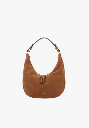 Borsa hobo in pelle scamosciata marrone con una singola tracolla regolabile, chiusura a zip con tiralampo in pelle e piccolo logo "abro" dorato al centro in basso.