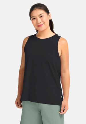 Black sleeveless top with a round neckline, made from a smooth fabric. Features a loose fit and subtle tag on the lower side, paired with light green shorts.