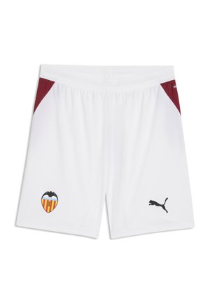 Hvide sportsshorts med bordeaux-farvede sidepaneler, med Valencia CF klubmærke på venstre ben og sort Puma-logo på højre ben.