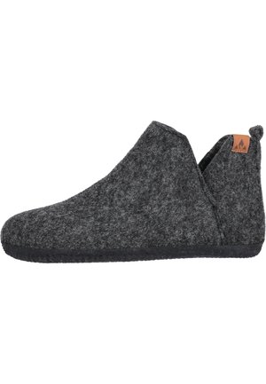 Gray felt slippers with a slip-on design, rounded toe, and textured upper. Black rubber sole and a brown leather accent at the back.