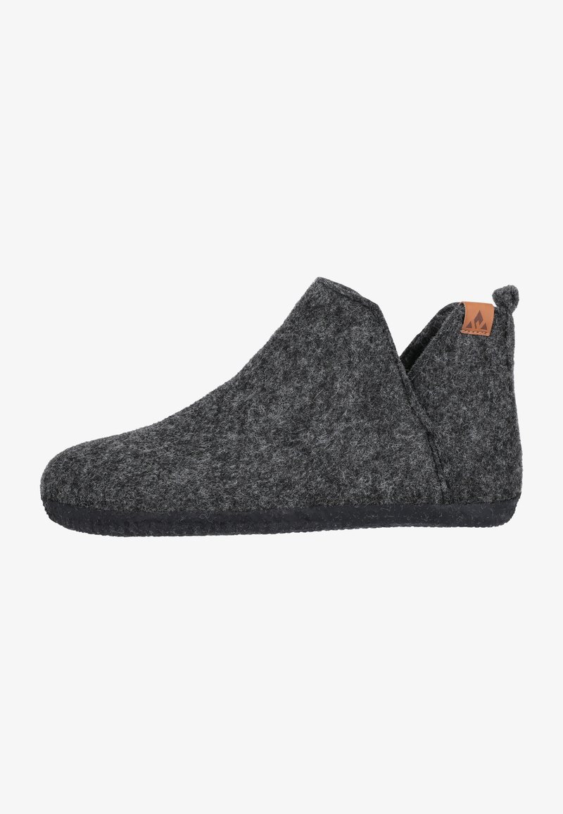 Chaussons en feutre gris avec un design à enfiler, bout arrondi et finition texturée. Semelle en caoutchouc noir et accent en cuir marron à l'arrière.