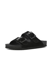 Svarta mocka slide-sandaler med två justerbara remmar, silverfärgade spännen och en strukturerad gummisula. Enkelt design med öppen tå och häl.