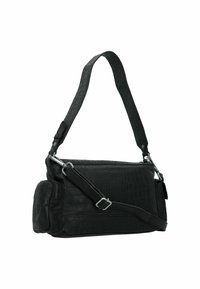 Sac à main en cuir noir avec une texture crocodile, doté d'une bandoulière amovible et d'une petite poche zippée sur le côté. Accents en métal argenté.