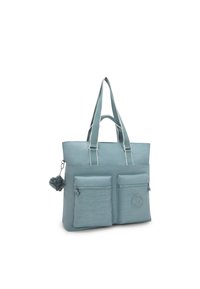 Hellblaue Tasche mit zwei vorderen Reißverschlusstaschen, weißen Nähakzenten und einem flauschigen Pom-Pom-Anhänger an der Seite.