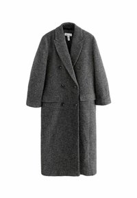 Manteau double boutonnage en mélange de laine gris, avec un col cranté, des manches larges et deux poches avant. Fini texturé sur l'ensemble.