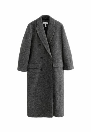 Manteau double boutonnage en mélange de laine gris, avec un col cranté, des manches larges et deux poches avant. Fini texturé sur l'ensemble.