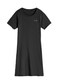 Robe noire à manches courtes en tissu doux, avec un col rond et un logo subtil en sequins sur la poitrine gauche.