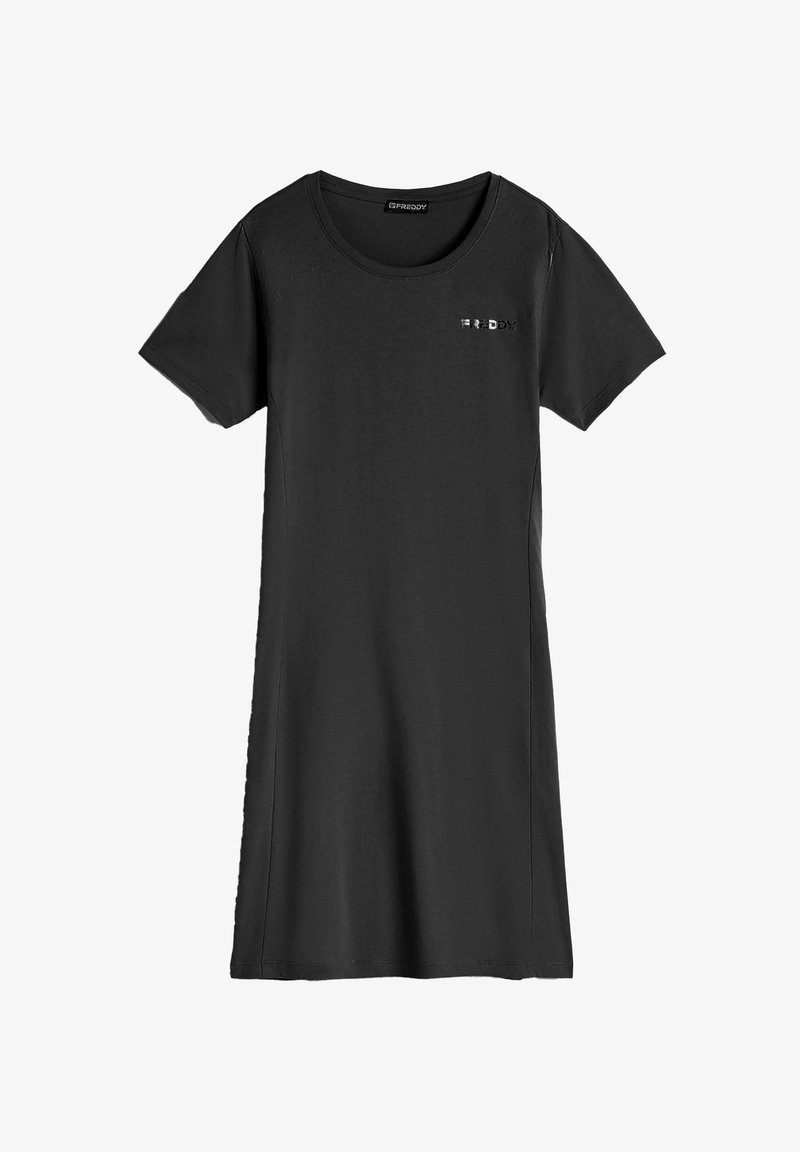 Robe noire à manches courtes en tissu doux, avec un col rond et un logo subtil en sequins sur la poitrine gauche.