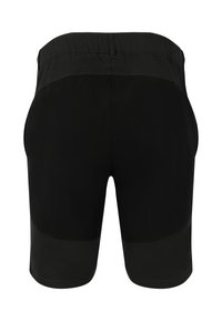 Svarta träningsshorts med en slät yta, elastiskt midjeband och kontrasterande matta och blanka sektioner på den nedre halvan.
