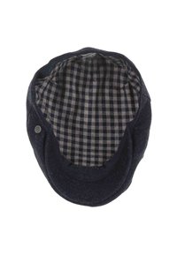 Navy blue cap with a structured shape. Inside features a checkered pattern in cream and dark navy. Made from textured fabric.